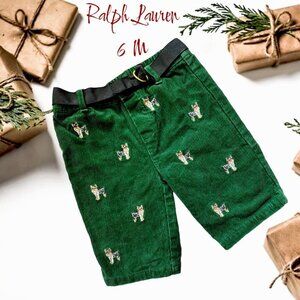 Ralph Lauren 6M Belted Green Corduroy Embroidered Scottie Dog Baby Pants -EUC